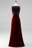 Burgundy Round Neck Velvet Holiday Party Dress with Appliques