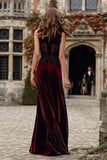 Burgundy Round Neck Velvet Holiday Party Dress with Appliques