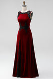 Burgundy Round Neck Velvet Holiday Party Dress with Appliques