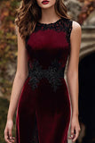 Burgundy Round Neck Velvet Holiday Party Dress with Appliques