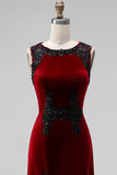 Burgundy Round Neck Velvet Holiday Party Dress with Appliques