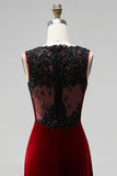 Burgundy Round Neck Velvet Holiday Party Dress with Appliques