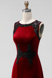 Burgundy Round Neck Velvet Holiday Party Dress with Appliques