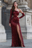 Sparkly One Shoulder Burgundy Cut Out Prom Dress