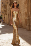Sparkly Strapless Mermaid Gold Prom Dress