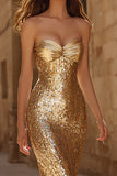 Sparkly Strapless Mermaid Gold Prom Dress