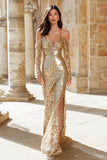 Halter Sheath Sequin Gold Prom Dress with Slit