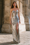 Sparkly Silver Sheath Prom Dress with Slit