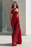Sparkly Red One Shoulder Cut Out Prom Dress with Sash