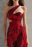 Sparkly Red One Shoulder Cut Out Prom Dress with Sash