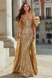 Off the Shoulder Sequin Mermaid Gold Prom Dress with Cape