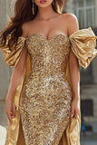 Off the Shoulder Sequin Mermaid Gold Prom Dress with Cape