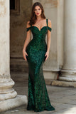 Cold Shoulder Mermaid Dark Green Sequin Prom Dress