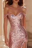 Sparkly Off the Shoulder Pink Sheath Prom Dress