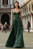 Sparkly Spaghetti Straps A Line Dark Green Prom Dress