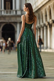 Sparkly Spaghetti Straps A Line Dark Green Prom Dress