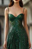 Sparkly Spaghetti Straps A Line Dark Green Prom Dress