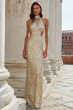 Halter Cut Out Sequin Champagne Sheath Prom Dress
