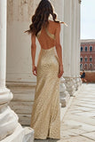 Halter Cut Out Sequin Champagne Sheath Prom Dress