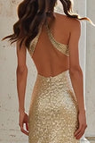Halter Cut Out Sequin Champagne Sheath Prom Dress