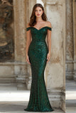 Sparkly Off the Shoulder Mermaid Dark Green Prom Dress