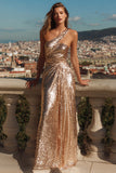 One Shoulder Gold Sequin A Line Ruched Prom Dress