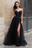 Black A Line Spaghetti Straps Beaded Prom Dress