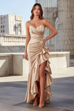 Spaghetti Straps Champagne Prom Dress with Ruffles