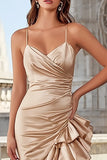 Spaghetti Straps Champagne Prom Dress with Ruffles