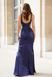 Navy Mermaid Ruched Cut Out Beaded Prom Dress