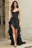 Black Spaghetti Straps Ruffled High Low Prom Dress