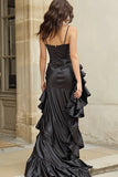 Black Spaghetti Straps Ruffled High Low Prom Dress