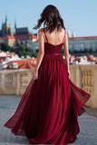 Burgundy Spaghetti Straps A Line Beaded Prom Dress