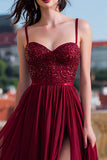 Burgundy Spaghetti Straps A Line Beaded Prom Dress