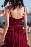 Burgundy Spaghetti Straps A Line Beaded Prom Dress