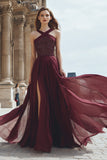 Burgundy A Line Beaded Prom Dress with Slit