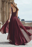 Burgundy A Line Beaded Prom Dress with Slit