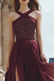 Burgundy A Line Beaded Prom Dress with Slit