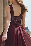 Burgundy A Line Beaded Prom Dress with Slit