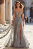 Light Grey Cold Shoulder A Line Prom Dress with Cape