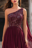 One Shoulder Burgundy A Line Prom Dress with Appliques