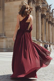Burgundy Beaded One Shoulder A Line Prom Dress