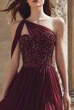 Burgundy Beaded One Shoulder A Line Prom Dress