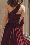 Burgundy Beaded One Shoulder A Line Prom Dress