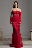 Red Off the Shoulder Mermaid Prom Dress with Lace