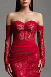 Red Off the Shoulder Mermaid Prom Dress with Lace