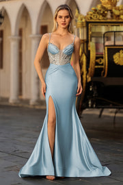 Sparkly Mermaid Satin Corset Dusty Blue Prom Dress