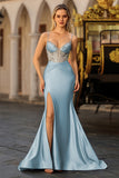 Sparkly Mermaid Satin Corset Dusty Blue Prom Dress