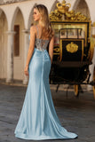 Sparkly Mermaid Satin Corset Dusty Blue Prom Dress