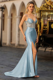 Sparkly Mermaid Satin Corset Dusty Blue Prom Dress